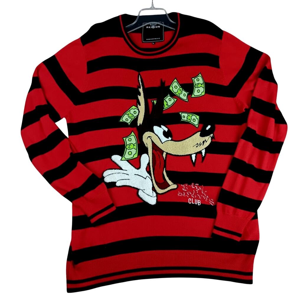 Reason Rain Maker Club Knit Sweater‎ Mens XL Red Striped Patched Lightweight Y2K